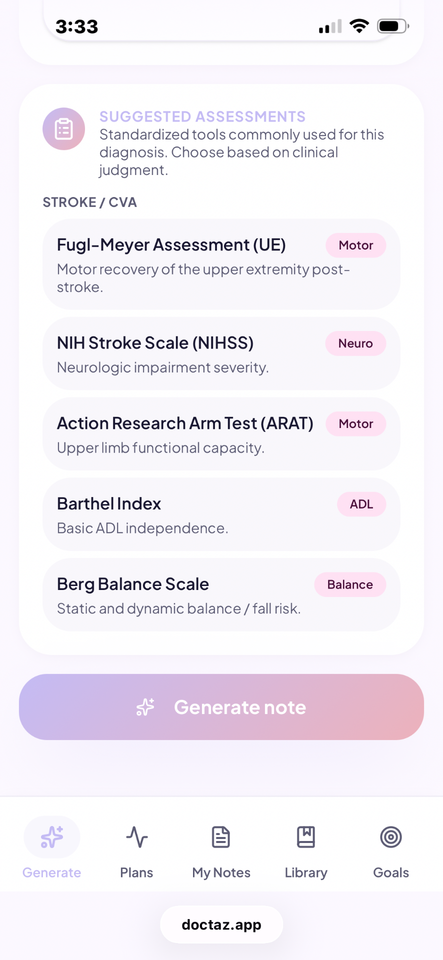 DocTaz suggested standardized assessments for stroke/CVA