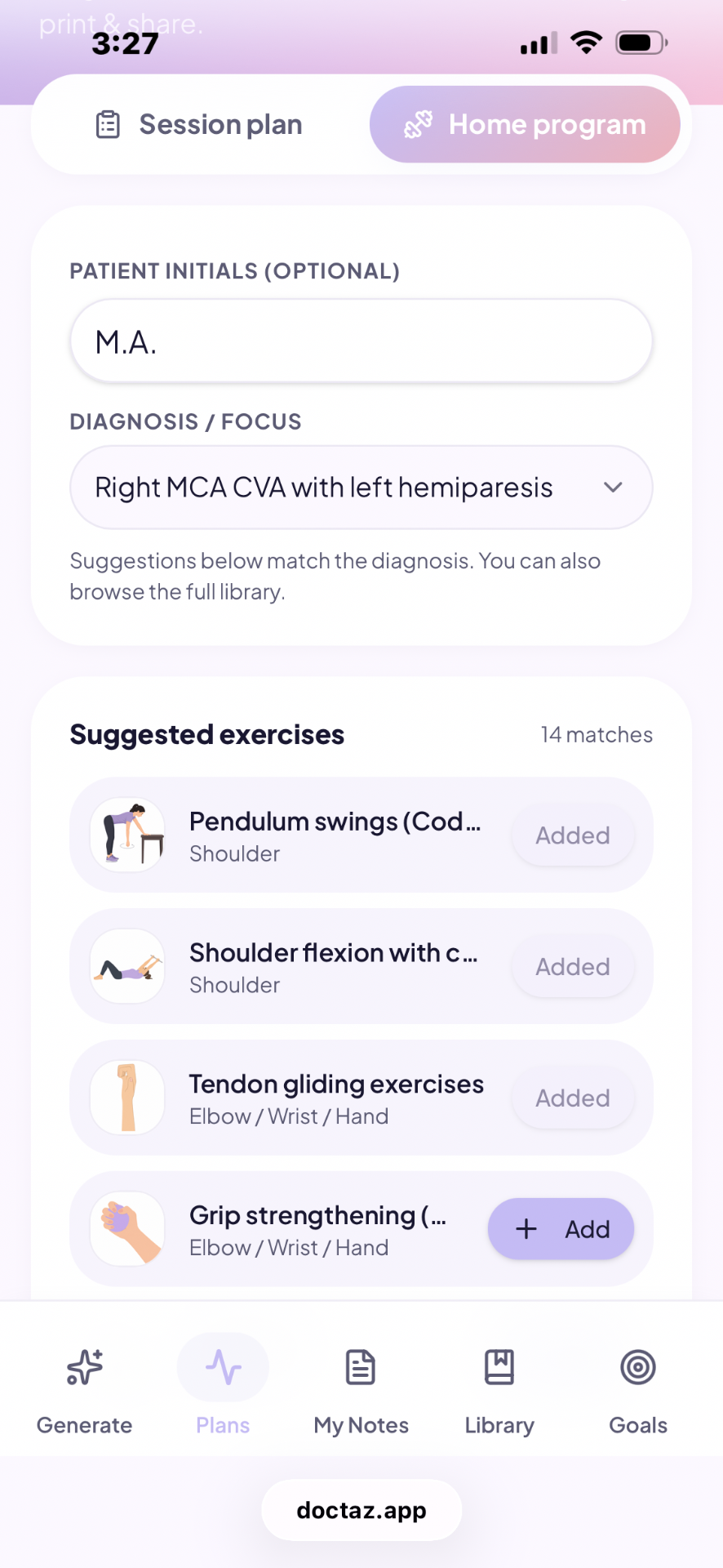 DocTaz home exercise program builder with illustrated exercises