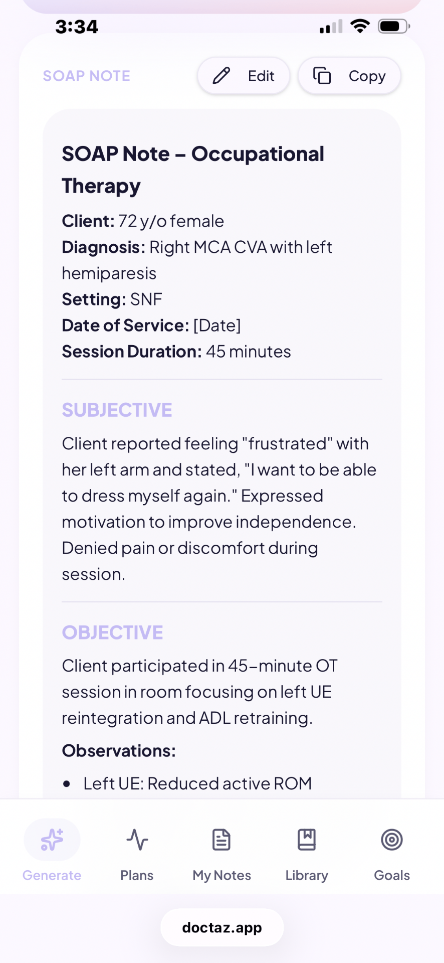 DocTaz SOAP note draft on a phone screen